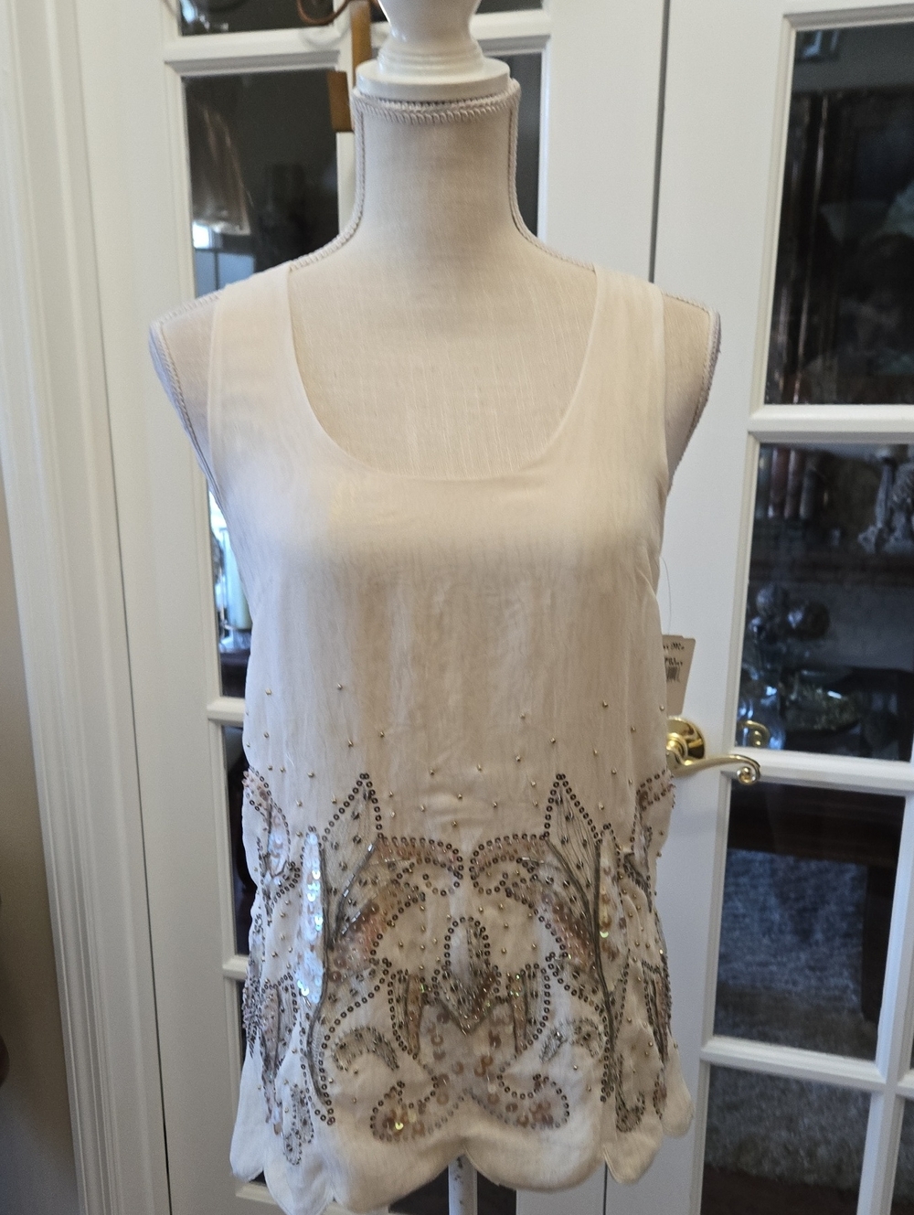 Miss Me Cream Beaded Embellished Sequin Scoop Neck Camisole Scallop Hem Sm NEW